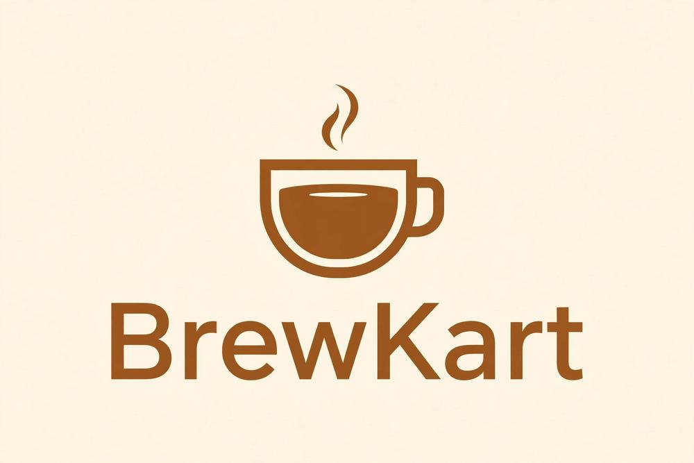 BrewKart logo — a brown coffee cup mark with steam, above the word BrewKart