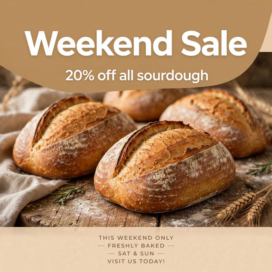 Weekend Sale social media post — sourdough loaves with the text '20% off all sourdough'