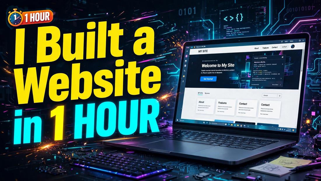 YouTube thumbnail — bold yellow text 'I Built a Website in 1 HOUR' beside a laptop